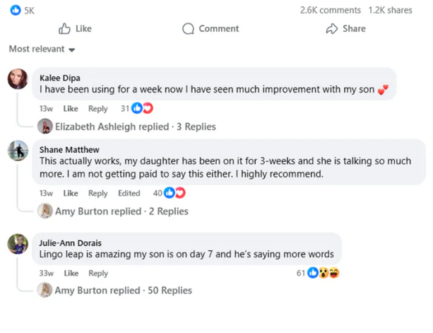 Comments and reactions on a Facebook post about a language learning application.