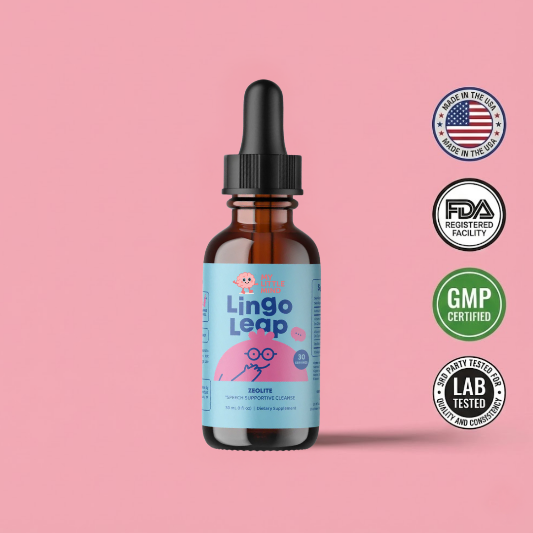 Brown bottle with dropper, labeled 'Lingo Leap', on pink background with certification logos.
