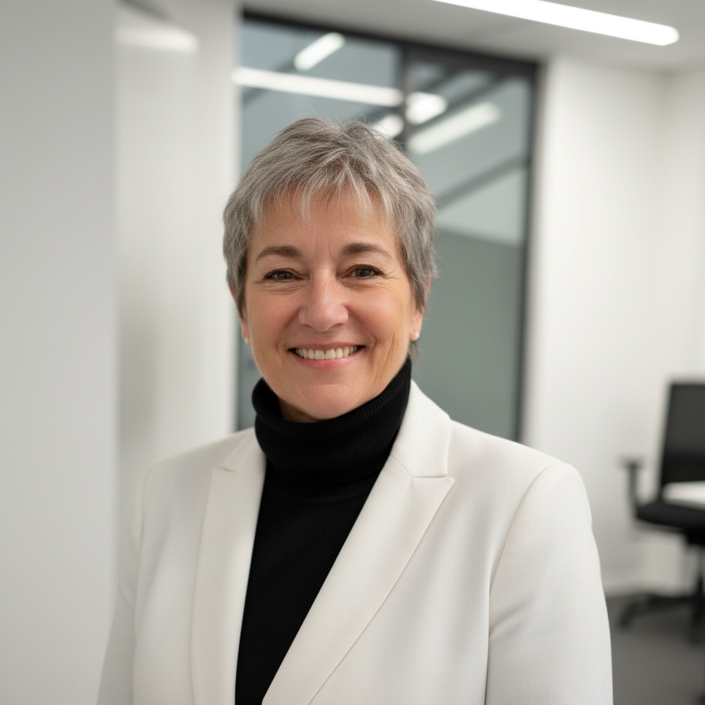 Smiling person in a white suit with short gray hair.
