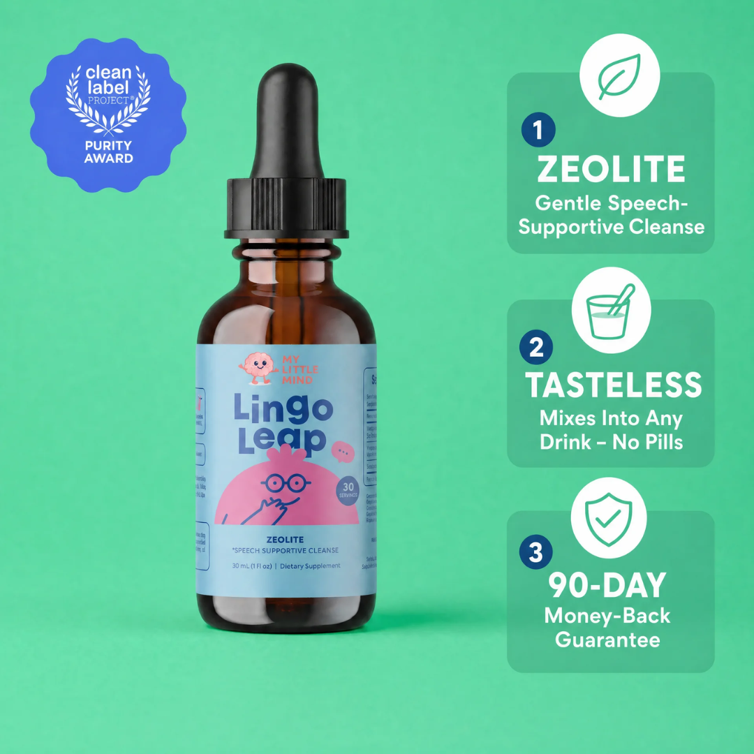 A bottle of Lingo Leap dietary supplement with its key features listed against a green background.