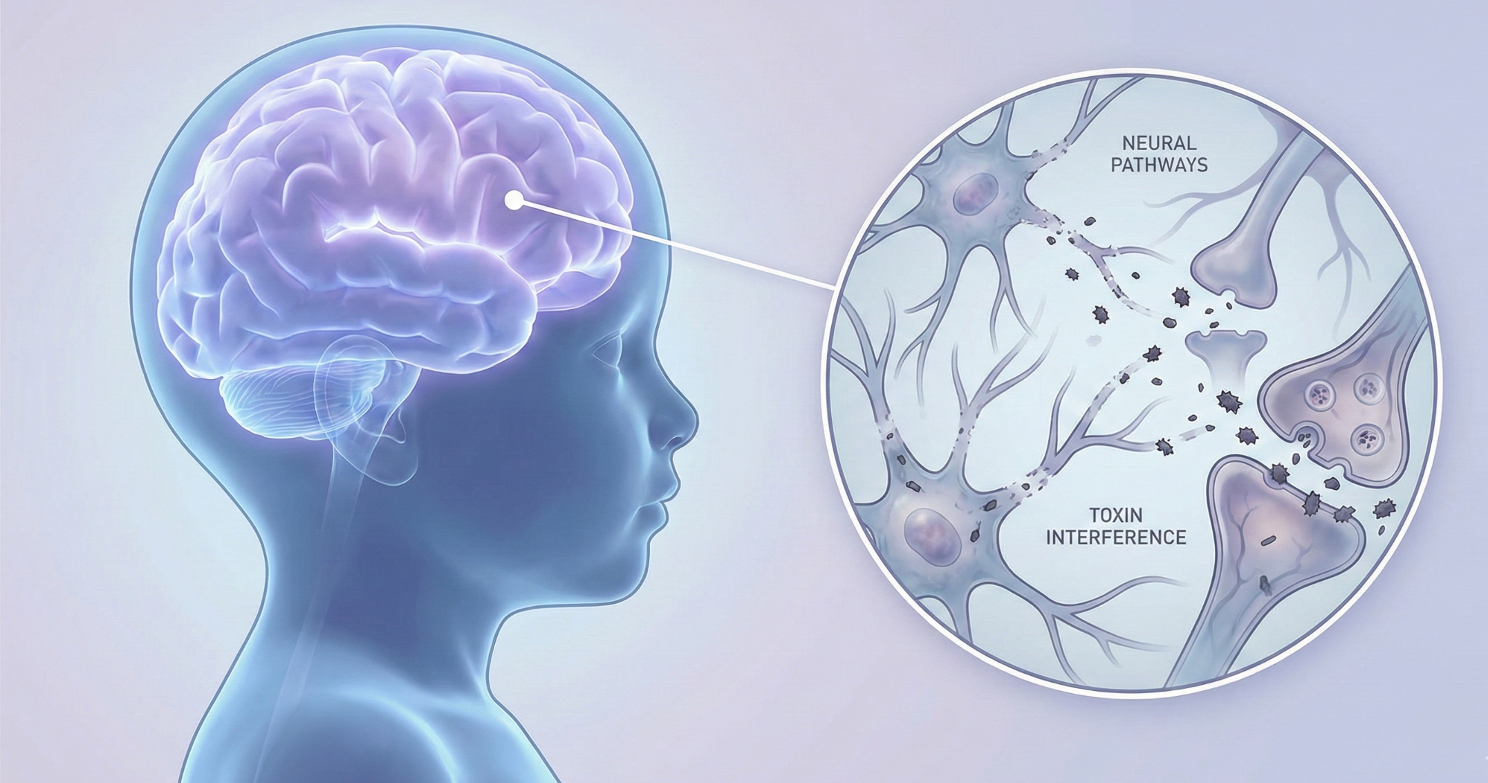 Diagram of a child's brain and neural pathways with toxin interference.