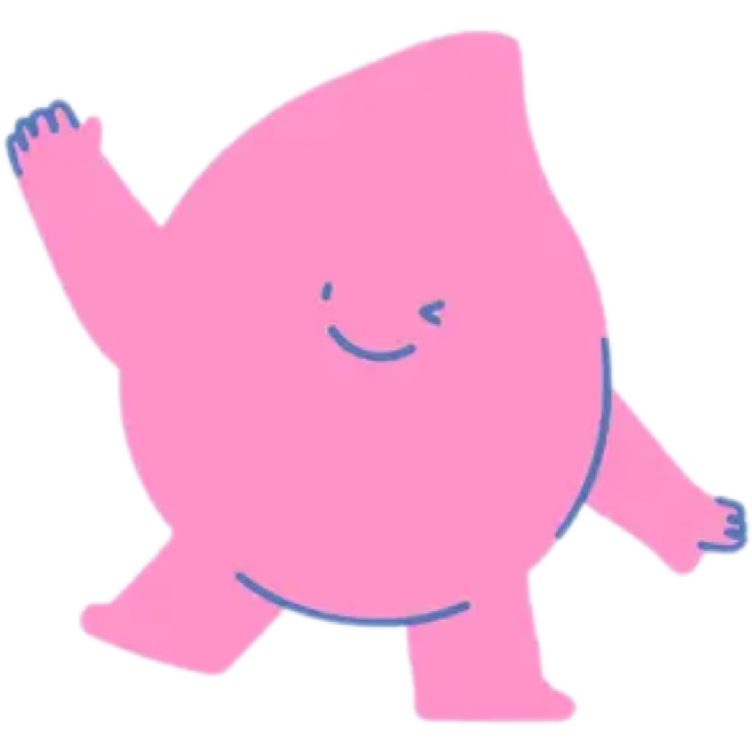 Cute pink blob character with a smiling face and raised hand.