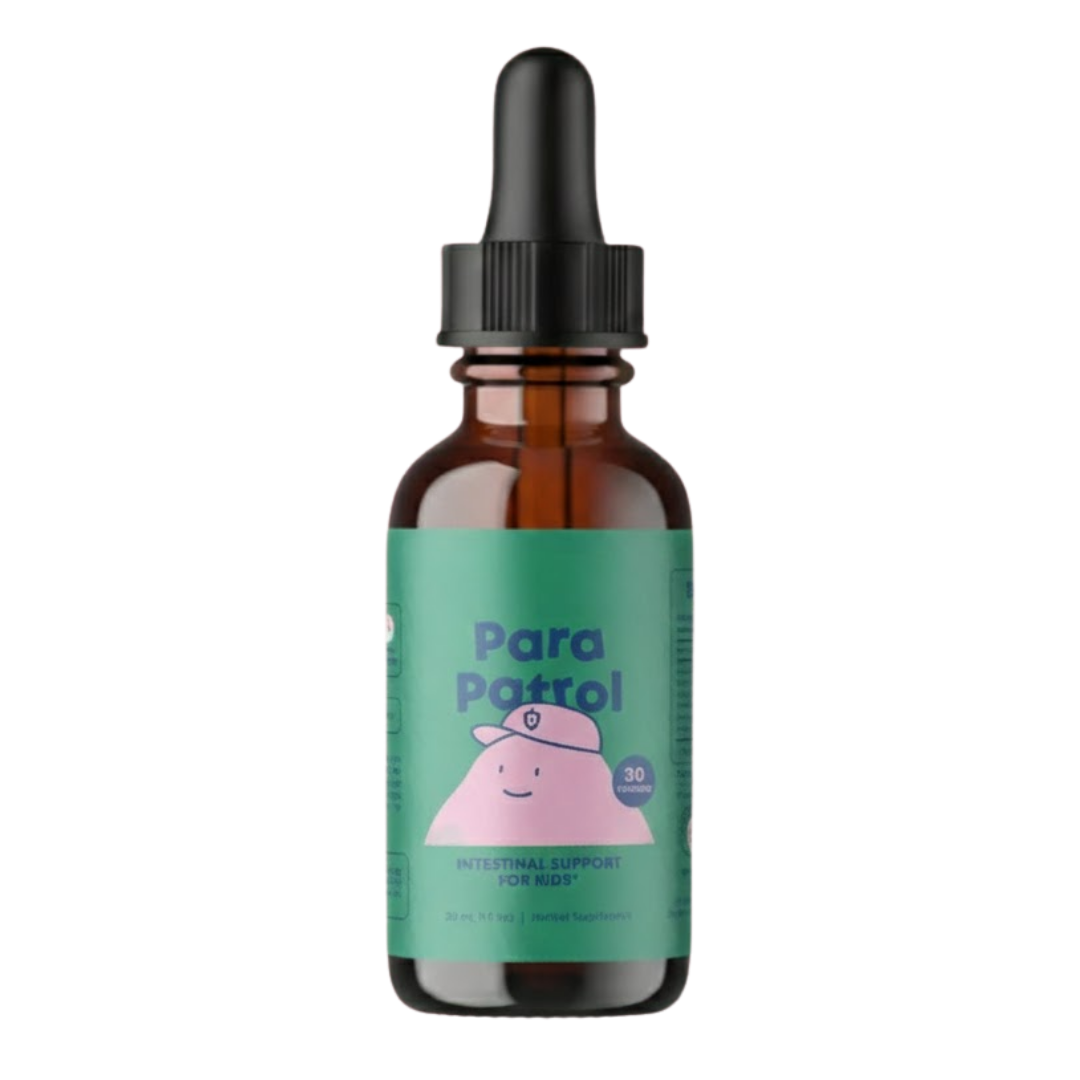 A brown dropper bottle of Para Patrol, an intestinal support supplement for kids, against a white background.
