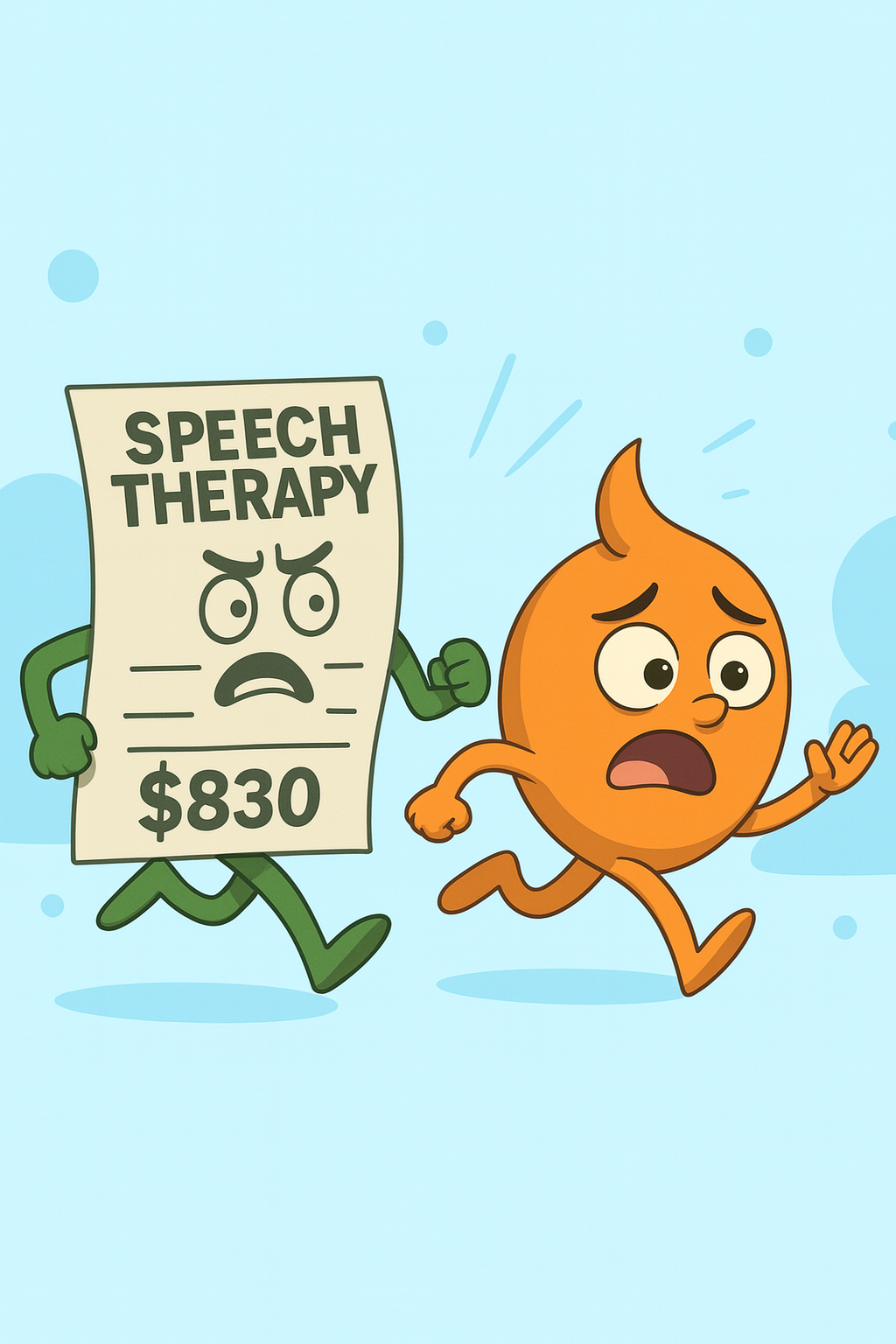 Cartoon paper chasing orange character with '$830 speech therapy' message.