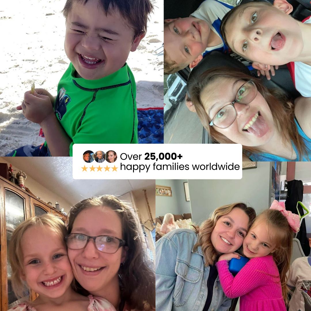 Collage of smiling families with 'Over 25,000+ happy families worldwide' text.