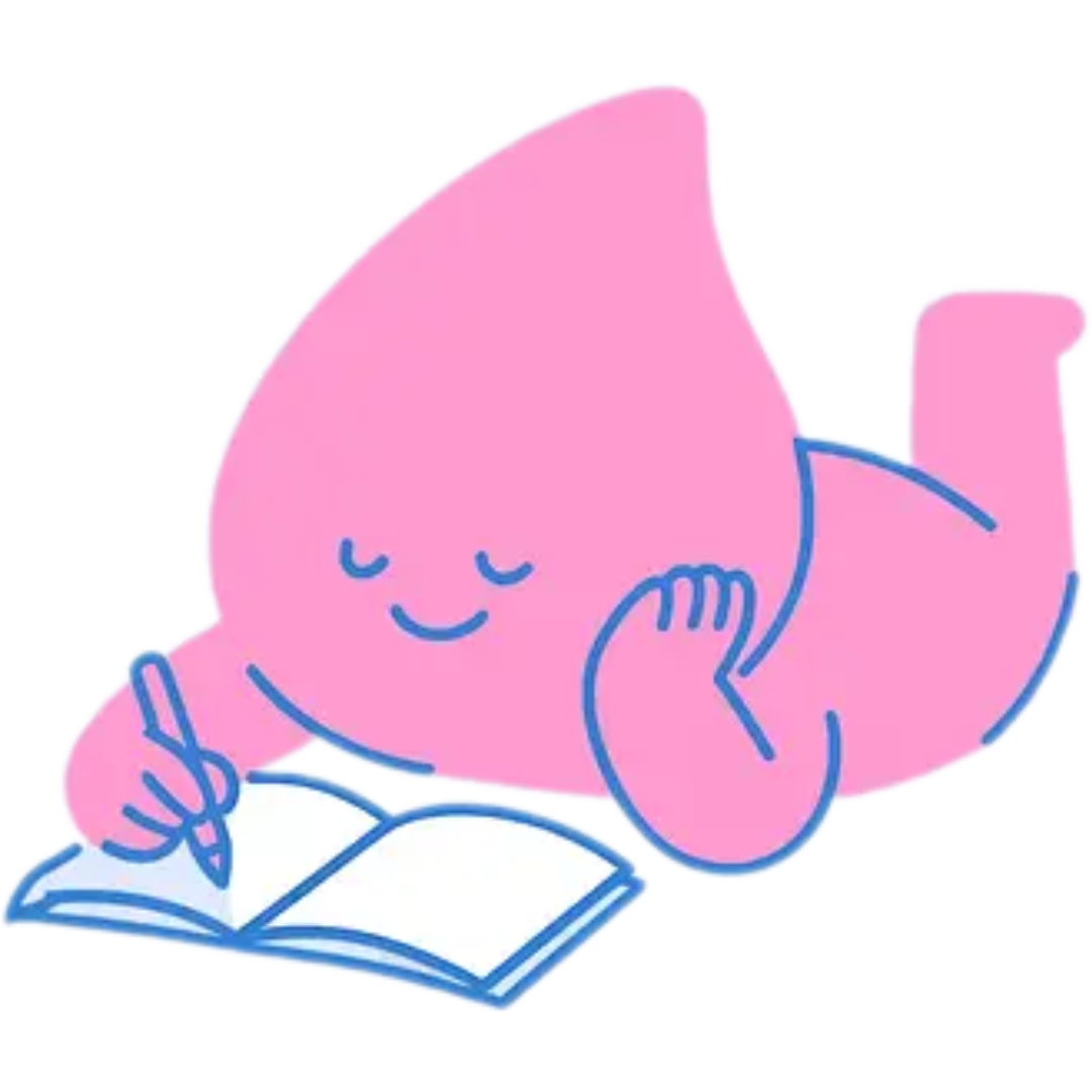 Pink cartoon character writing in a book, smiling.