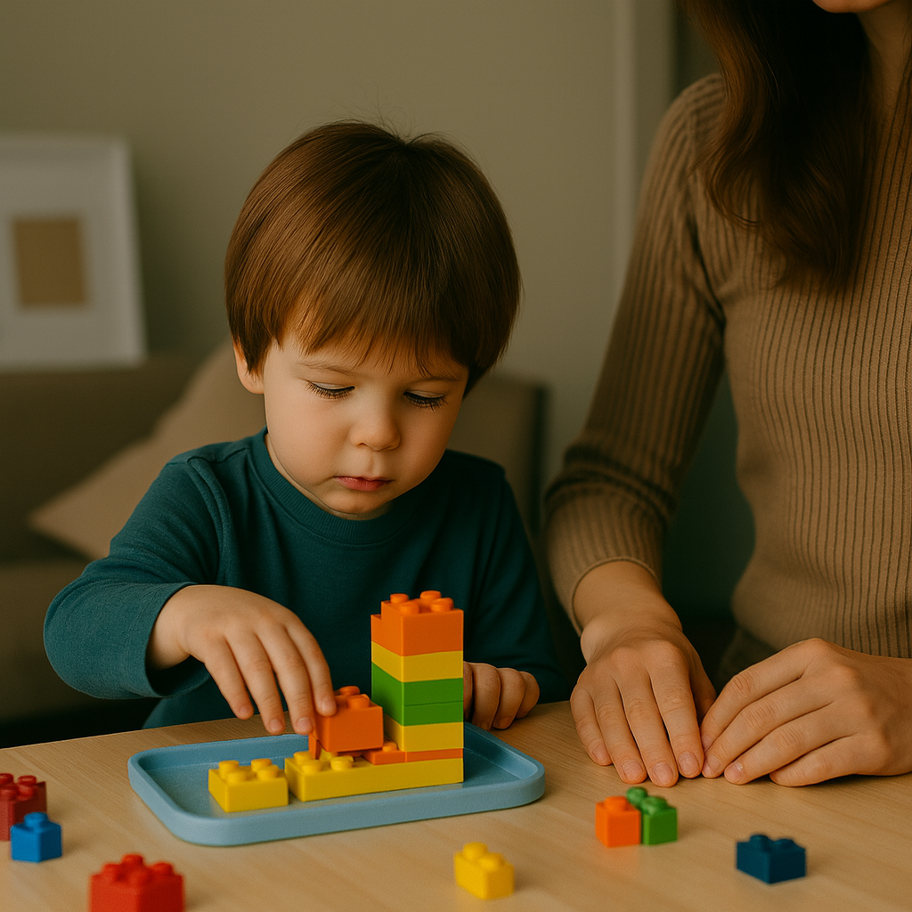 Child building with colorful toy bricks on a table.
