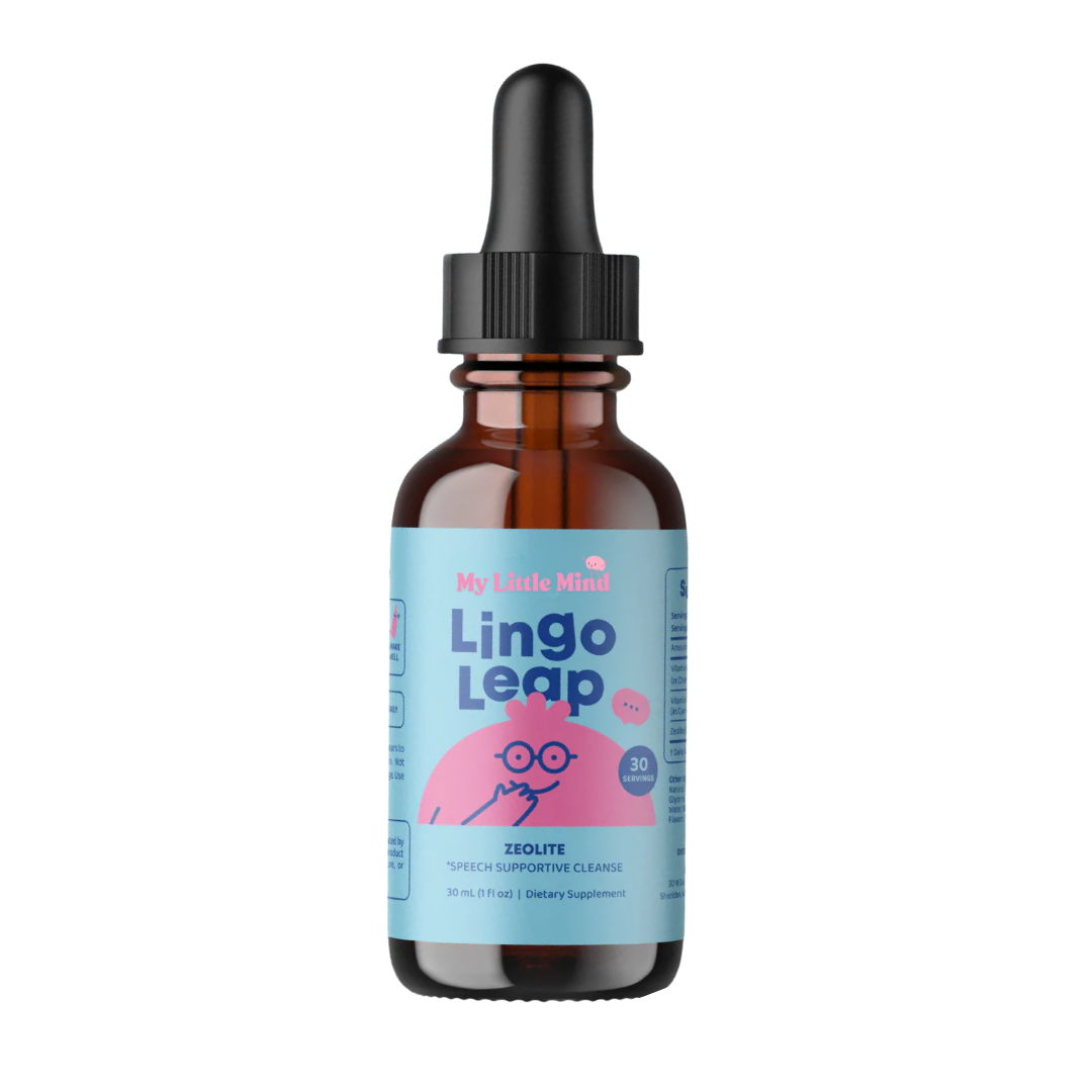 Brown dropper bottle labeled 'Lingo Leap' with cartoon character illustration.