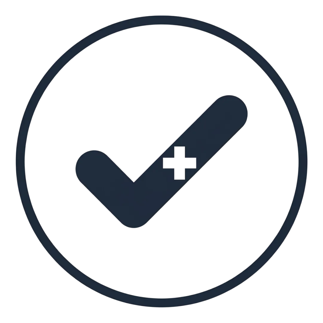 An icon of a checkmark with a plus sign on it, enclosed in a circle.