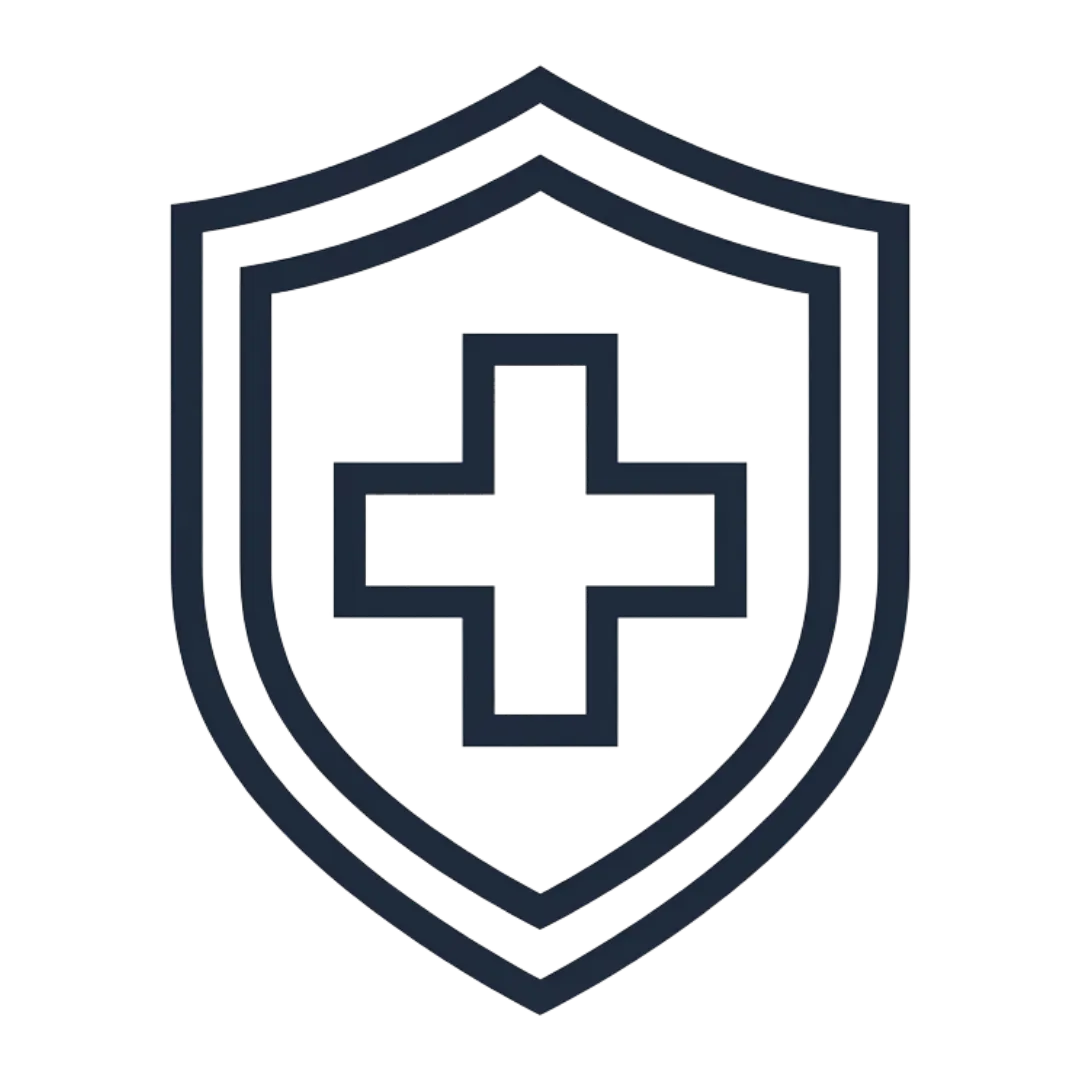 A line icon of a shield with a plus sign inside, representing health or protection.