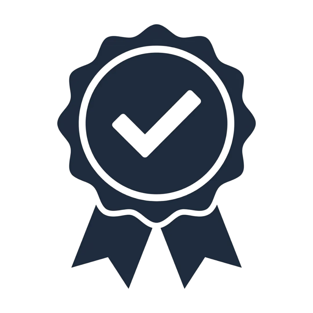 A dark blue seal icon with a white checkmark and ribbons on a white background.
