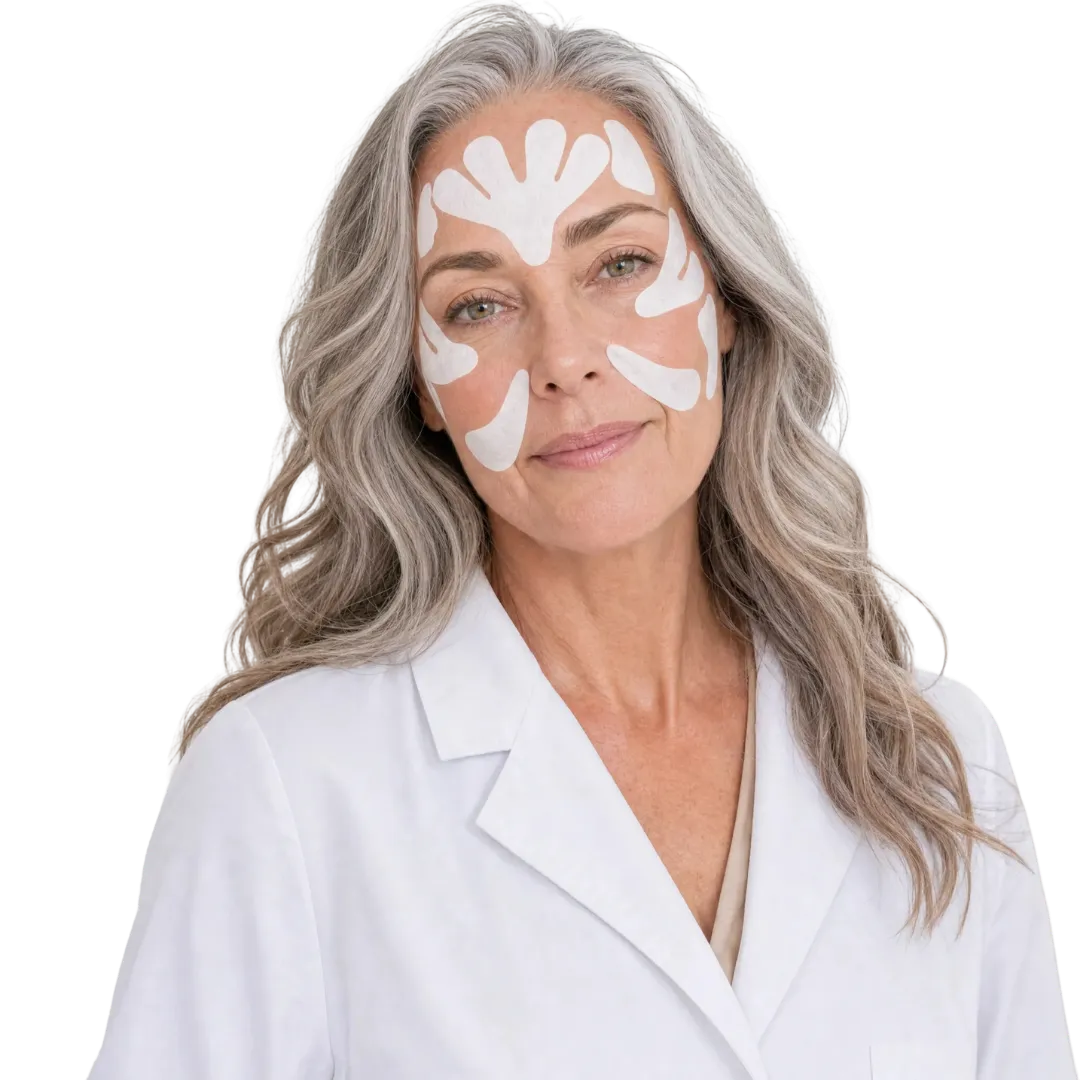 A woman with gray hair, wearing a lab coat, has white patches applied to her face.