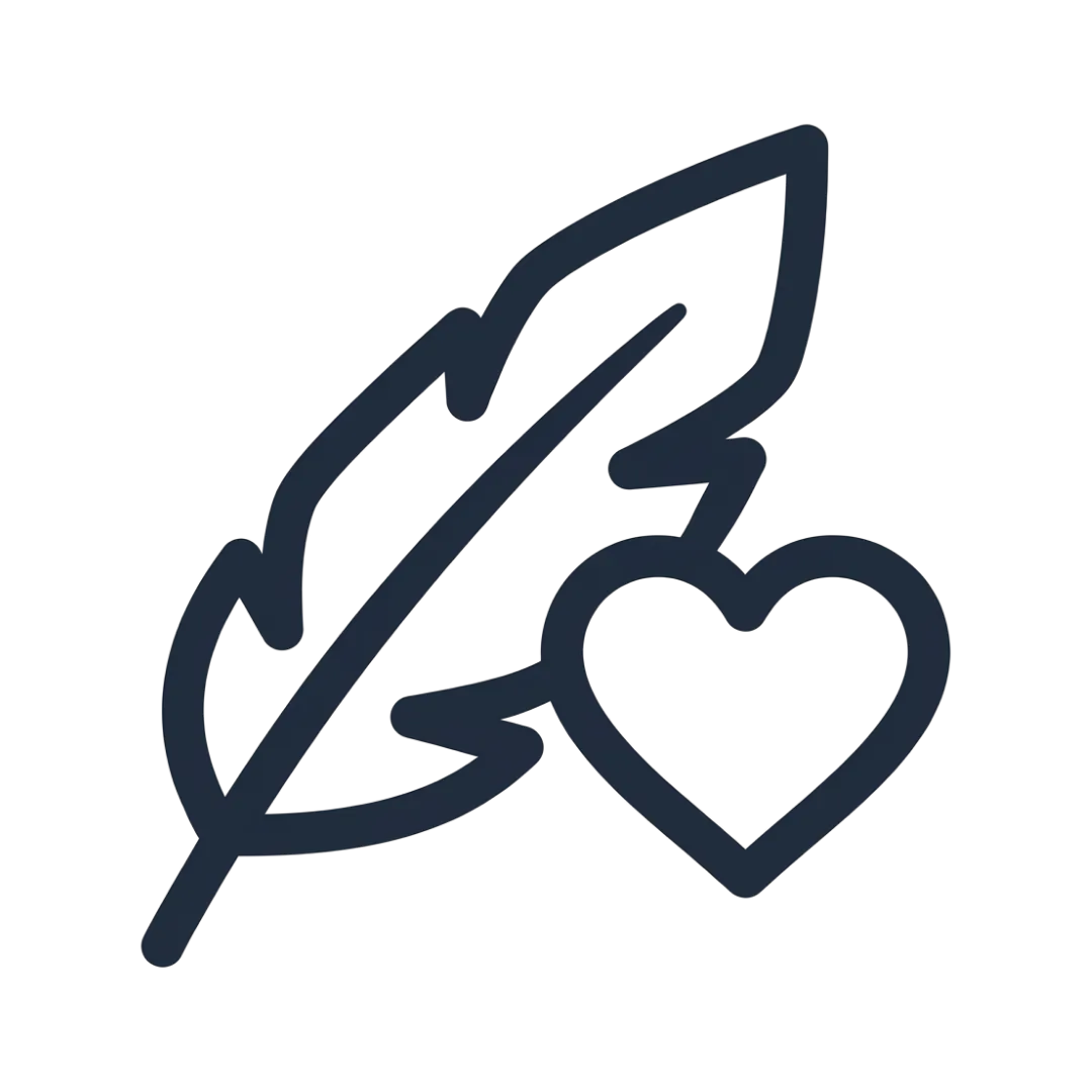 A simple line drawing of a feather and a heart.