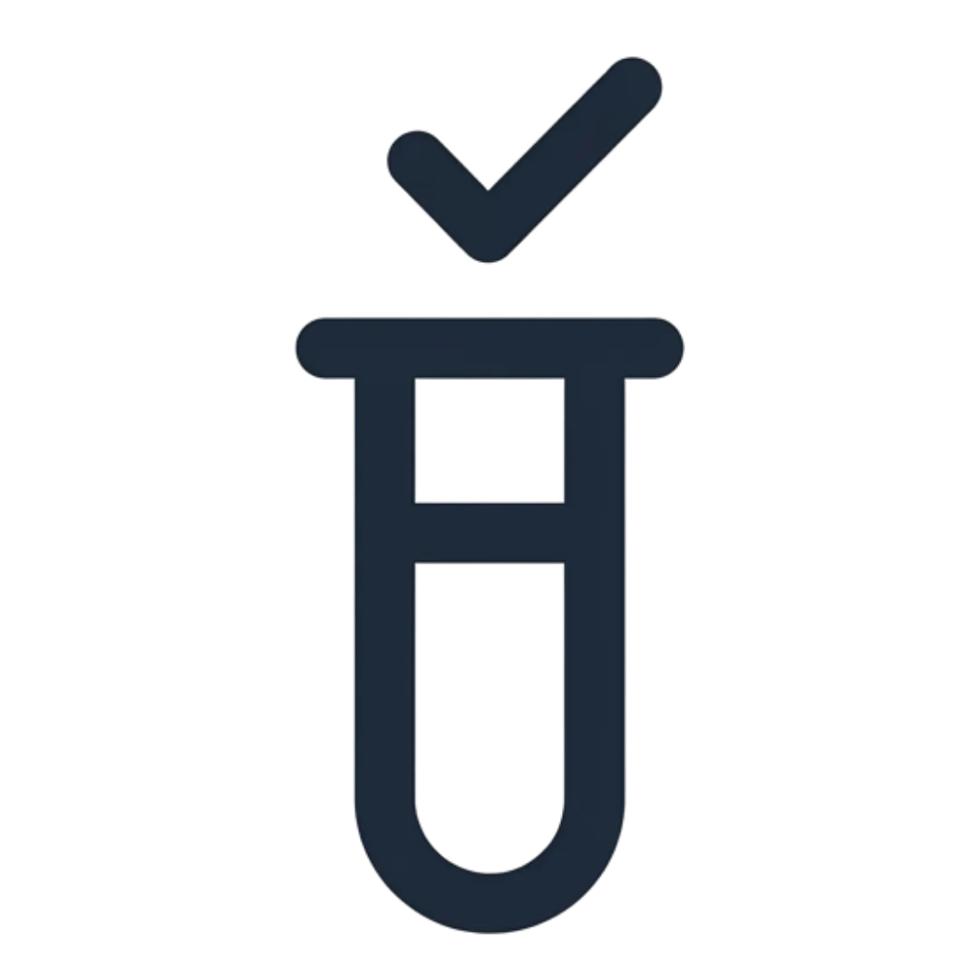 A simple line icon of a test tube with a checkmark above it on a white background.
