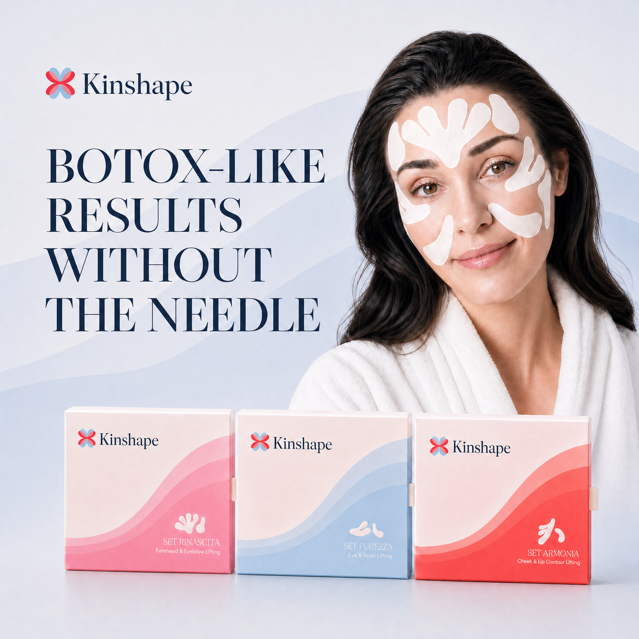 A woman with white facial patches smiles behind three boxes of Kinshape skincare products.