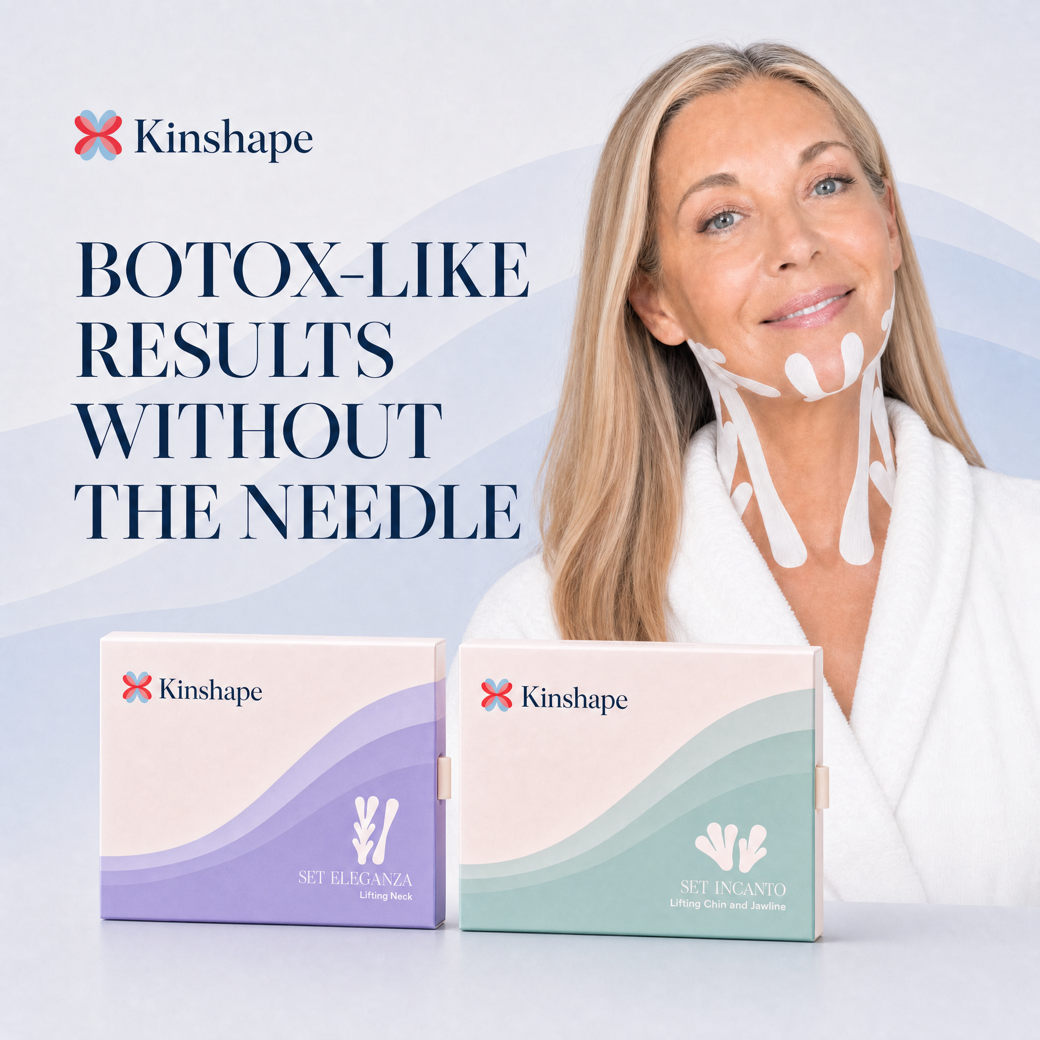 A smiling woman in a robe with white lifting tape on her neck and jaw, with Kinshape product boxes.