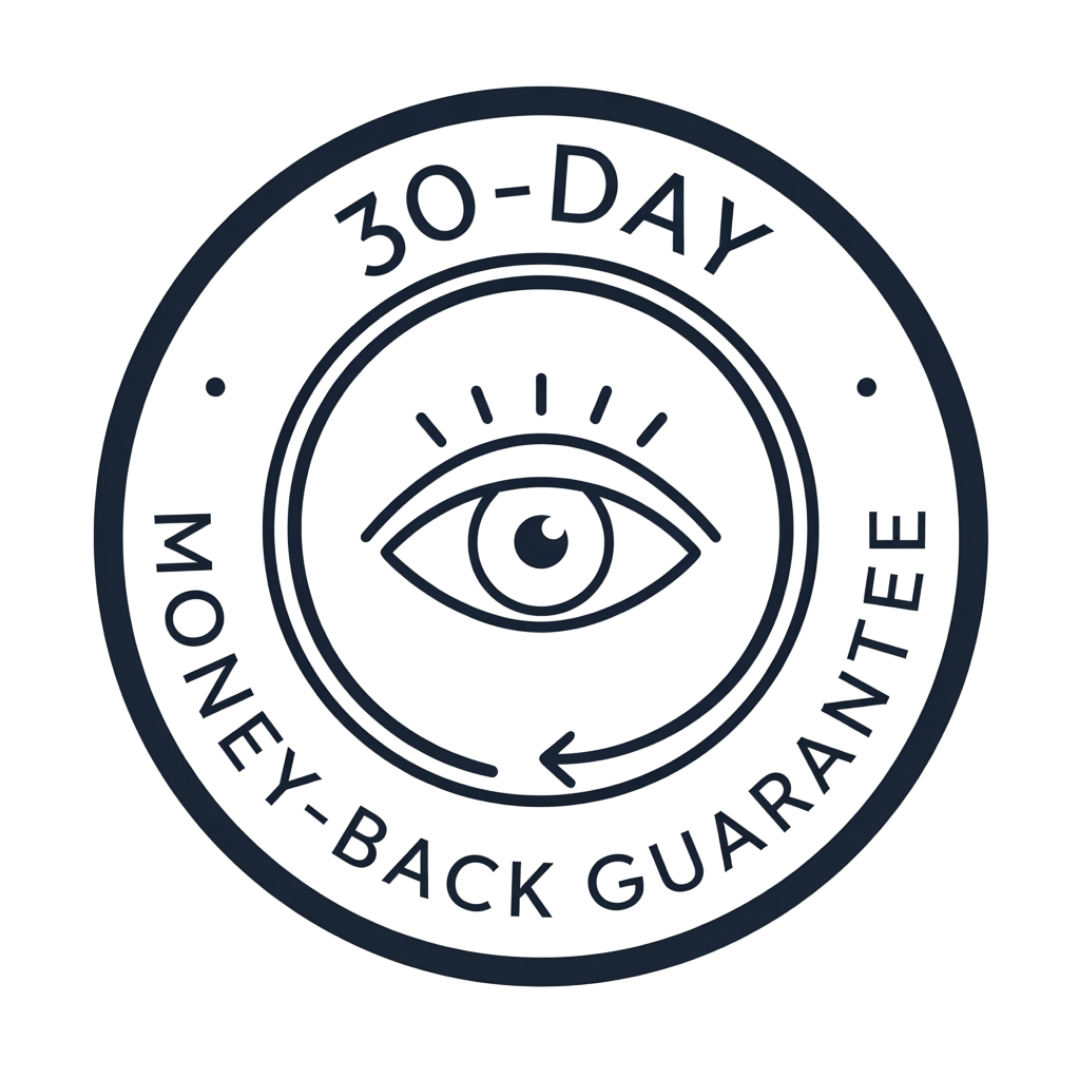 A circular seal with an eye icon, reading '30-Day Money-Back Guarantee'.