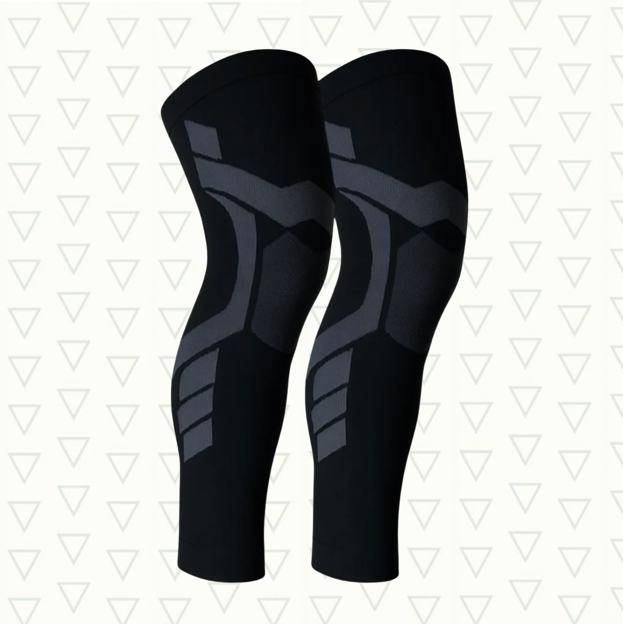 Black knee sleeves with gray geometric patterns.