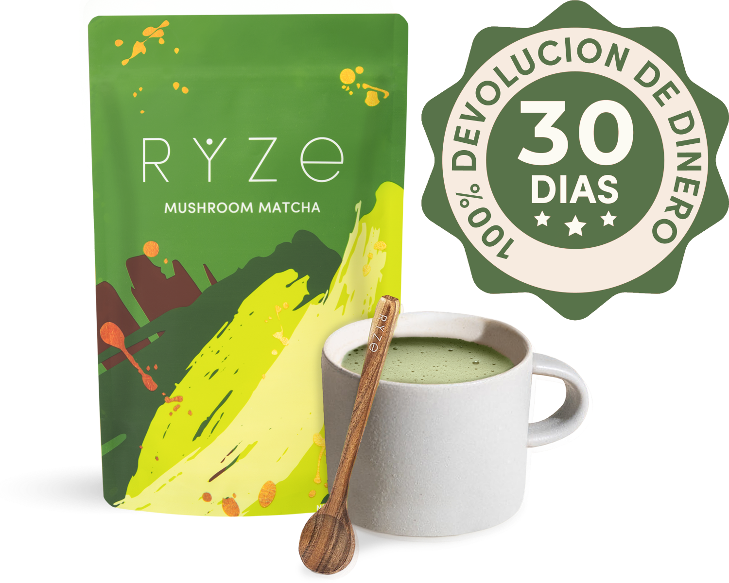 Packaging of Ryze Mushroom Matcha beside a cup and wooden spoon.