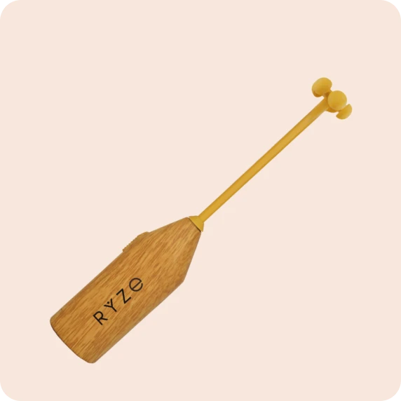 Wooden handle with a yellow rod, labeled 'RYZE'.