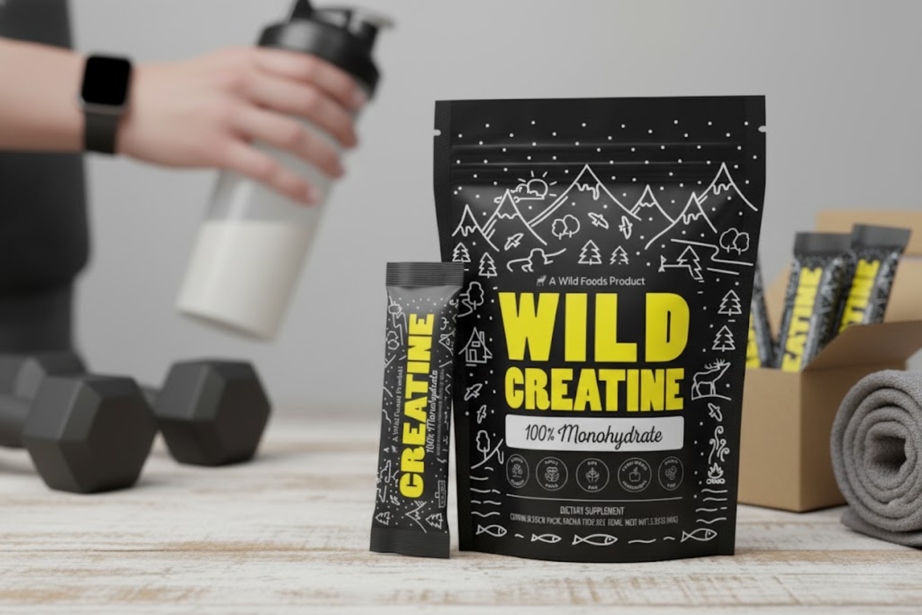 Wild Creatine supplement packet with hand holding a shaker bottle, dumbbells, and a towel nearby.