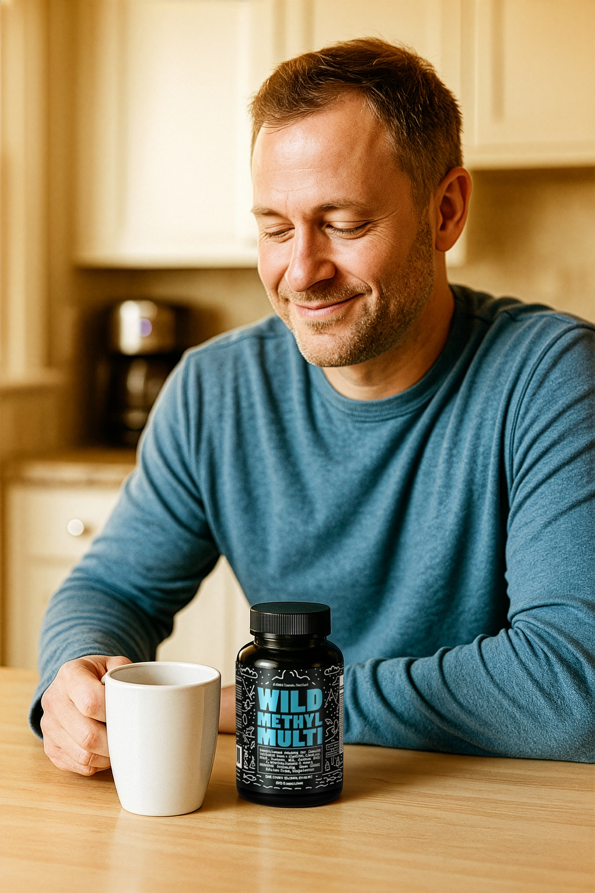 Smiling person with mug and supplement bottle on table.