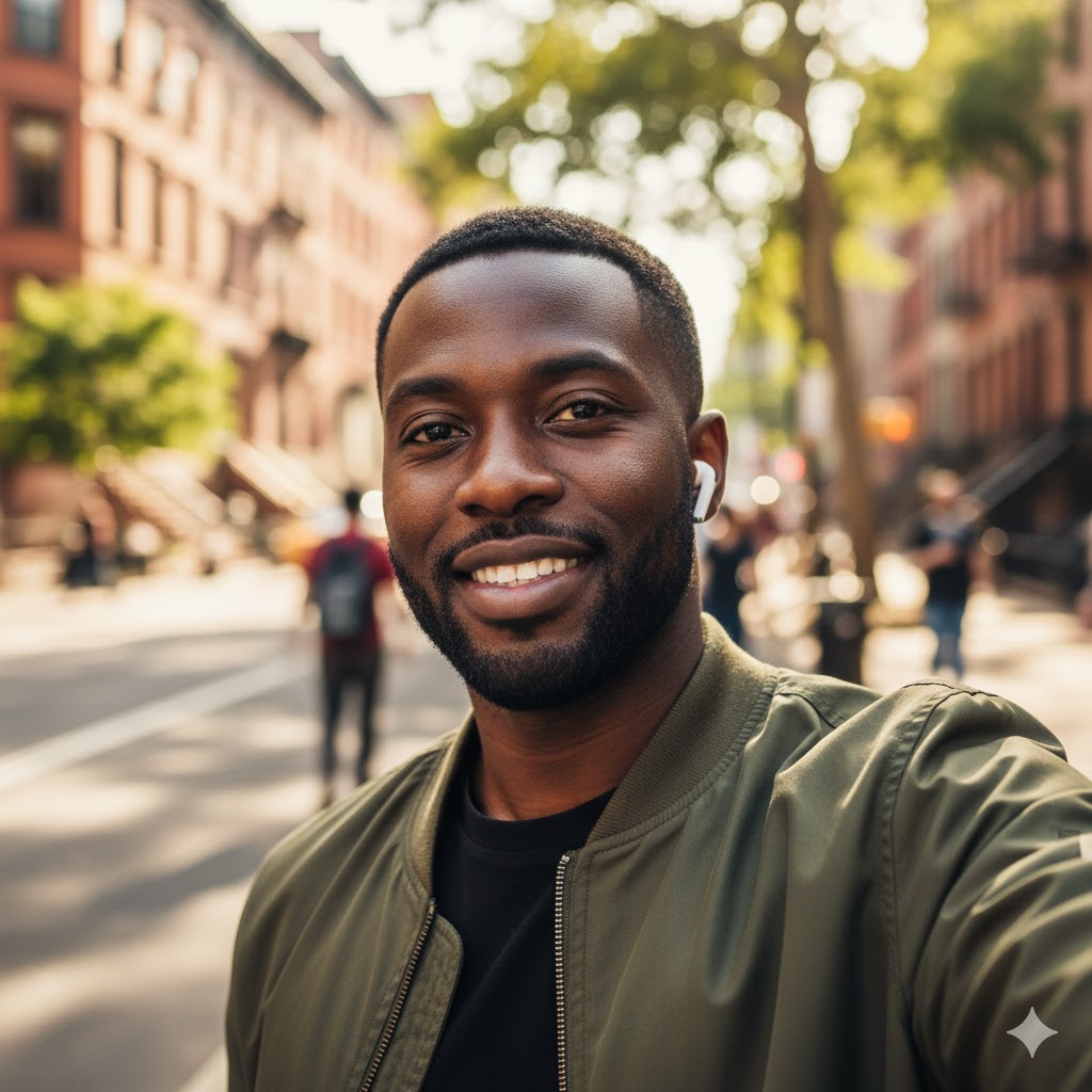 Man smiling outdoors with earphones, urban street background.