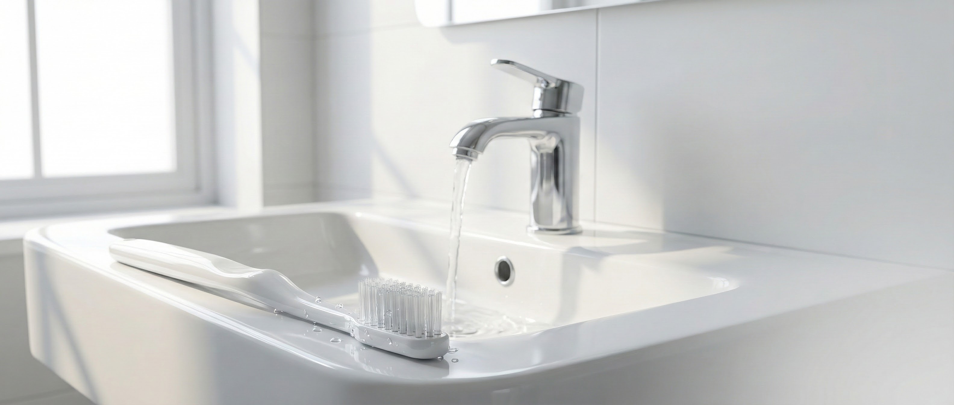 Toothbrush on a white sink with running water.