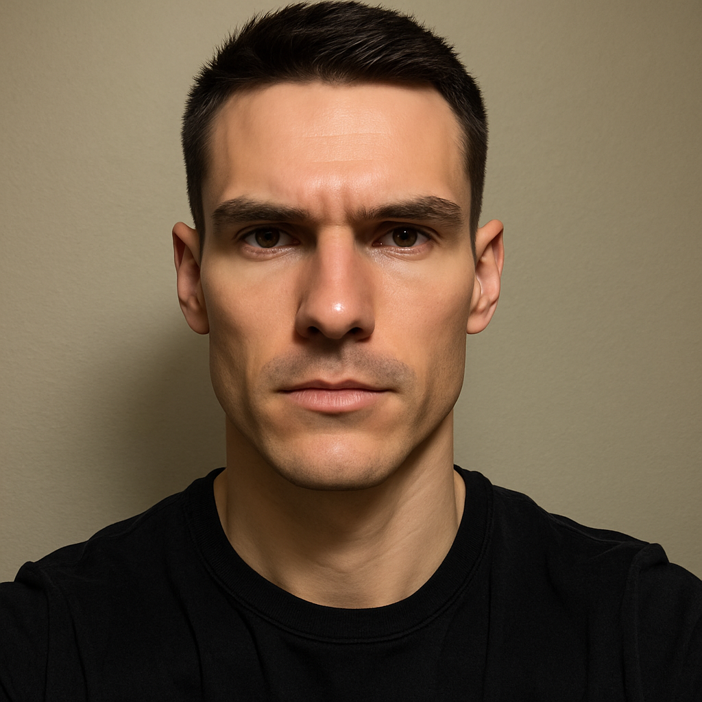 Person with short hair wearing a black shirt against a plain background.