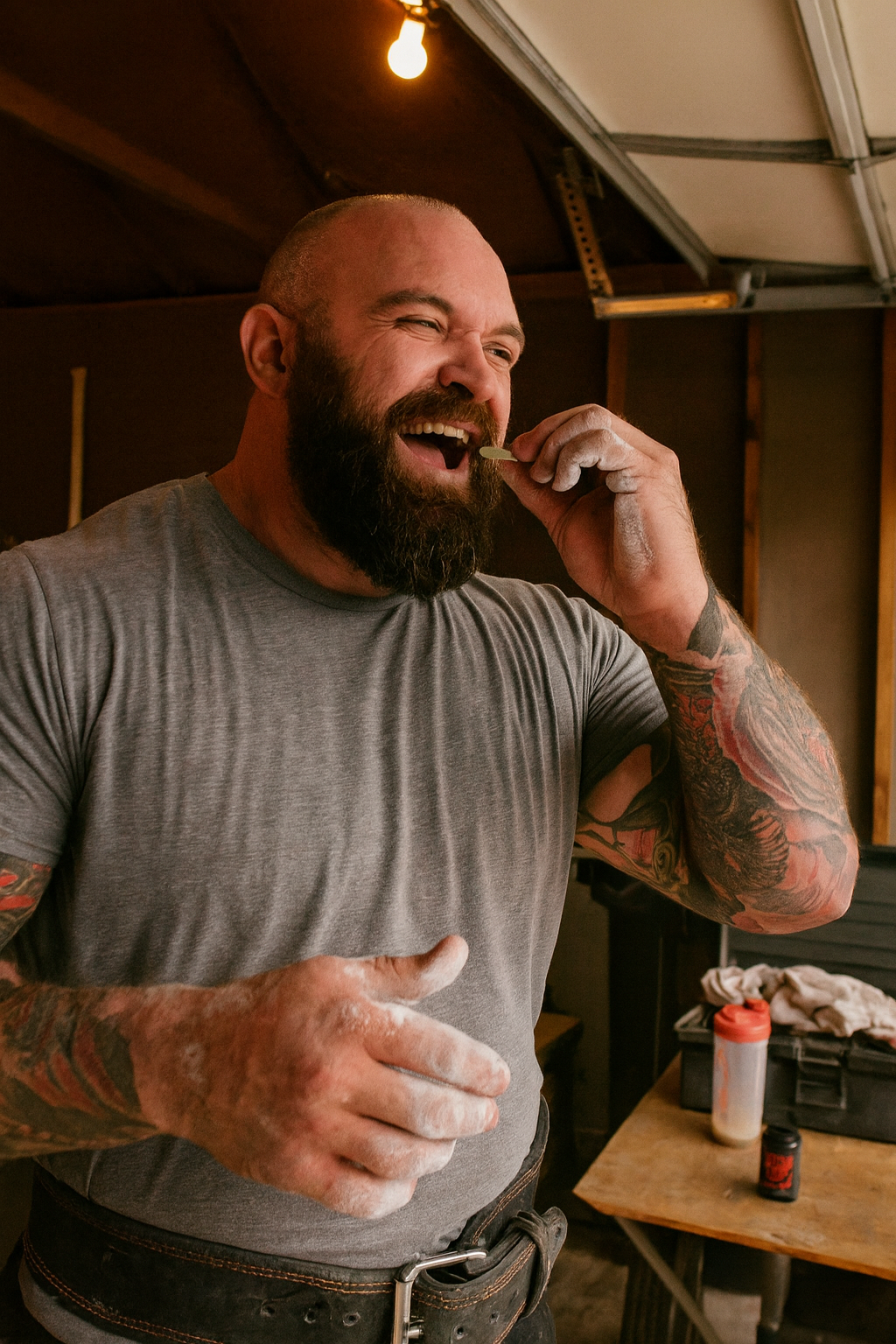 Bearded man in a workshop, smiling with chalk-covered hands.