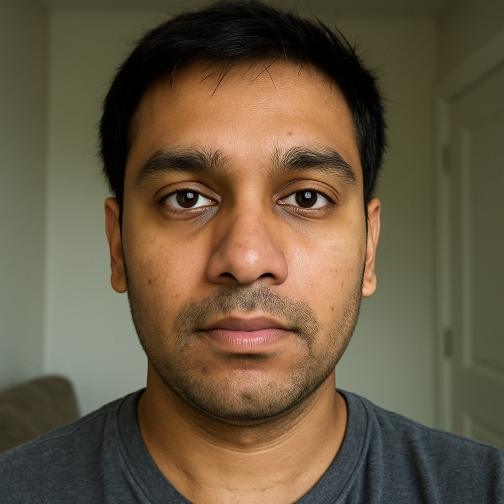 A person with short dark hair wearing a gray shirt, looking directly at the camera.