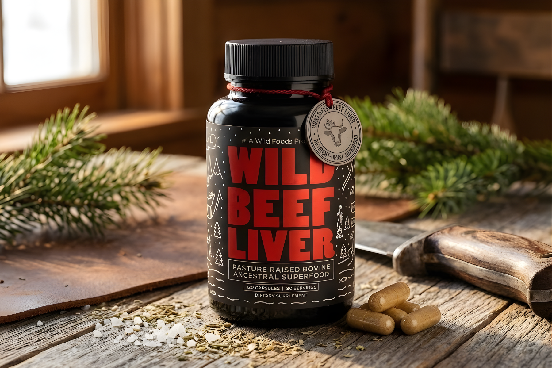 Bottle of wild beef liver capsules on a wooden table with greenery.