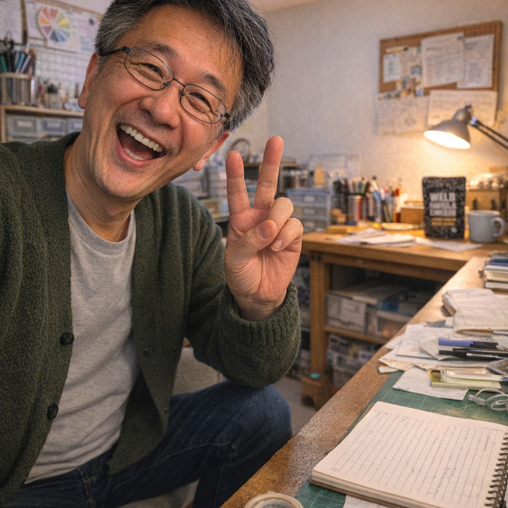 Person smiling and making a peace sign in a cluttered workspace.