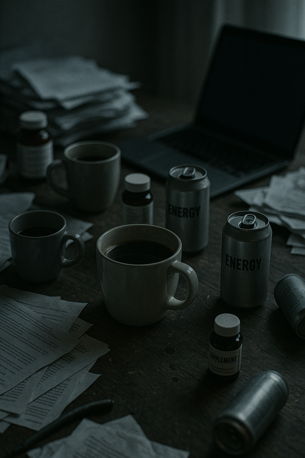 Desk with coffee mugs, energy drink cans, papers, and a laptop.