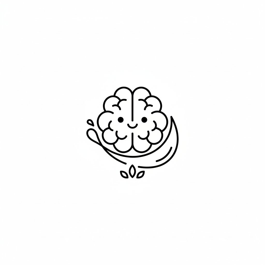 Smiling brain with leaves and swoosh, black line illustration.