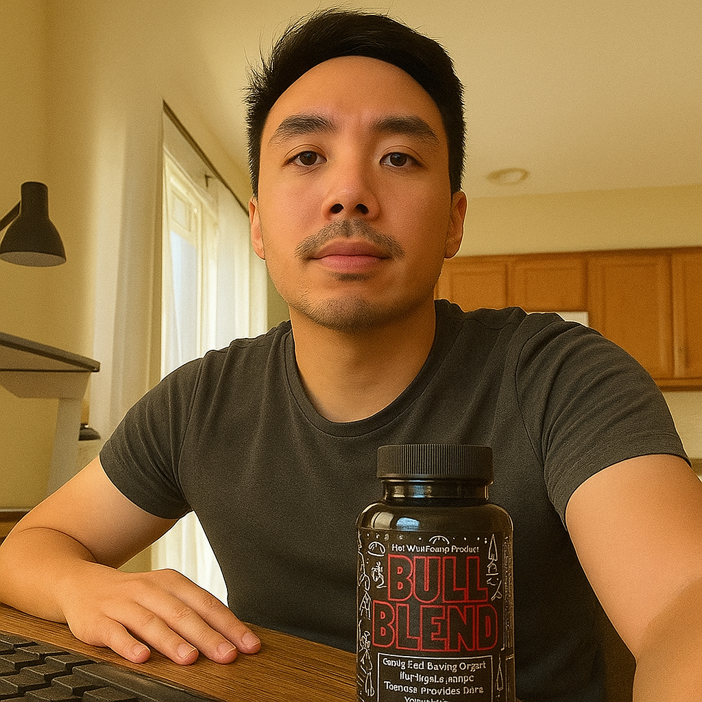 Person sitting at a desk with a bottle labeled 'Bull Blend'.