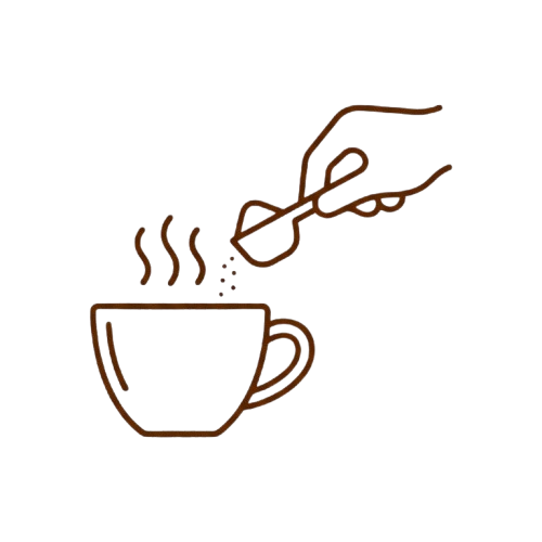 Line drawing of a hand adding sugar to a steaming cup.