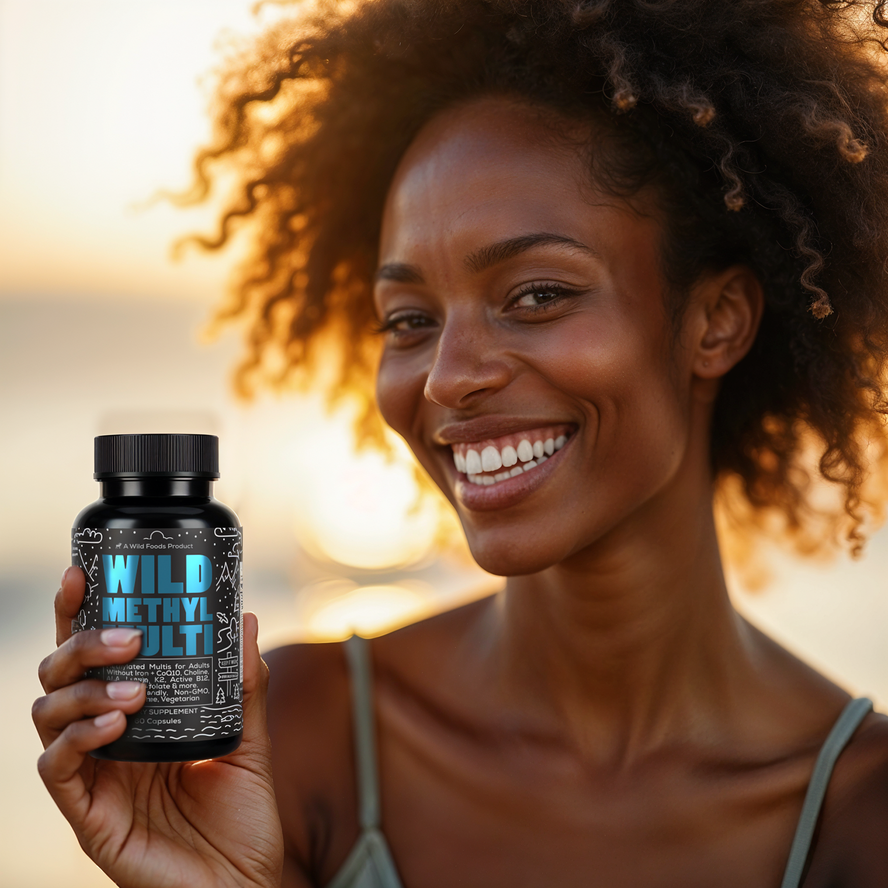 Smiling person holding a bottle labeled 'Wild Methyl Multi'.