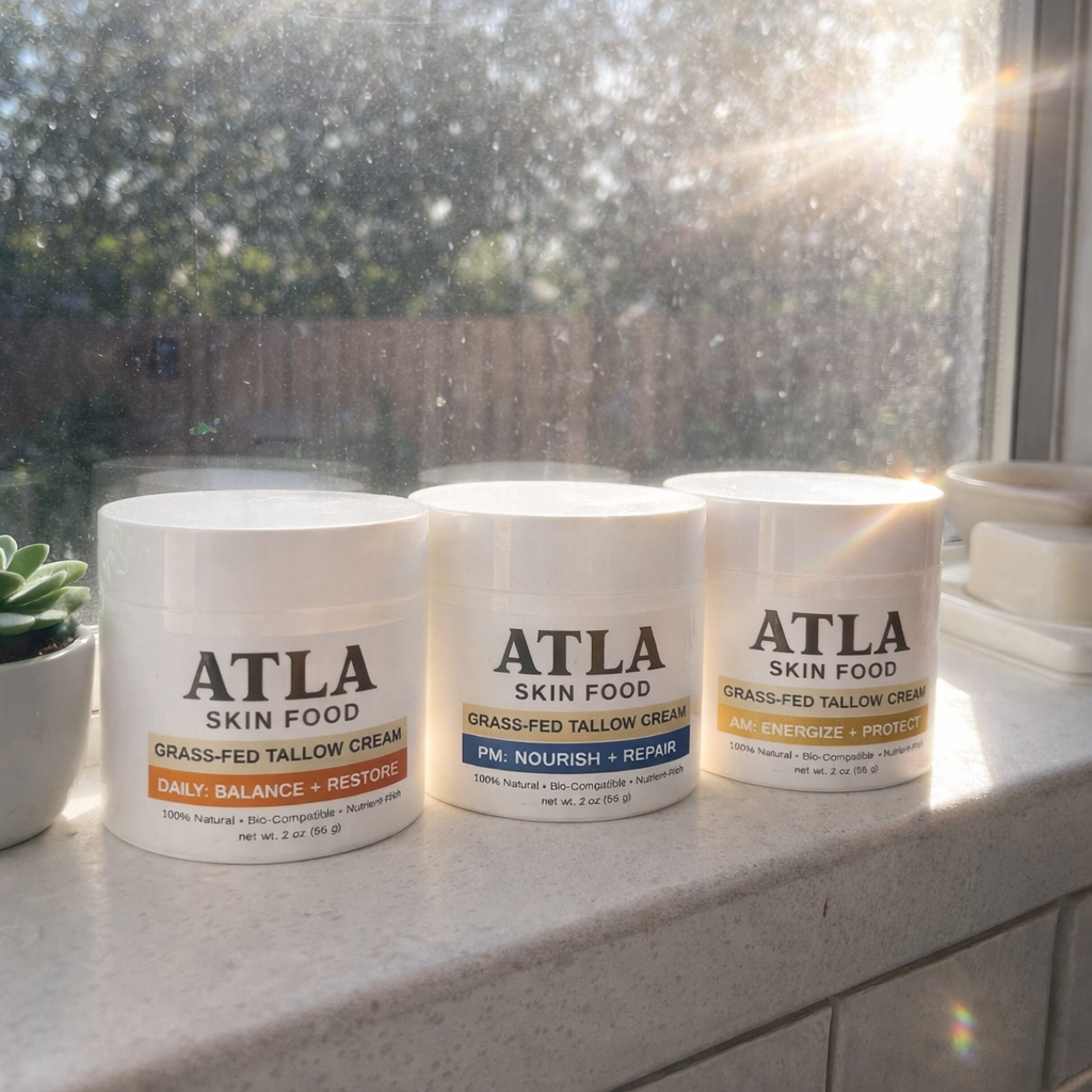 Three jars of ATLA Skin Food tallow cream sitting on a windowsill in the sunlight.