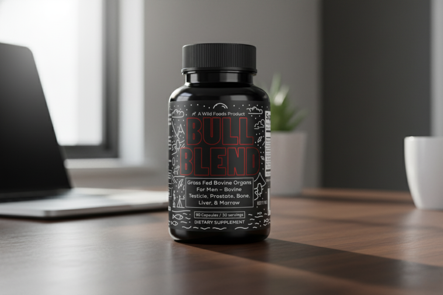 Black bottle labeled 'Bull Blend' on a wooden surface.