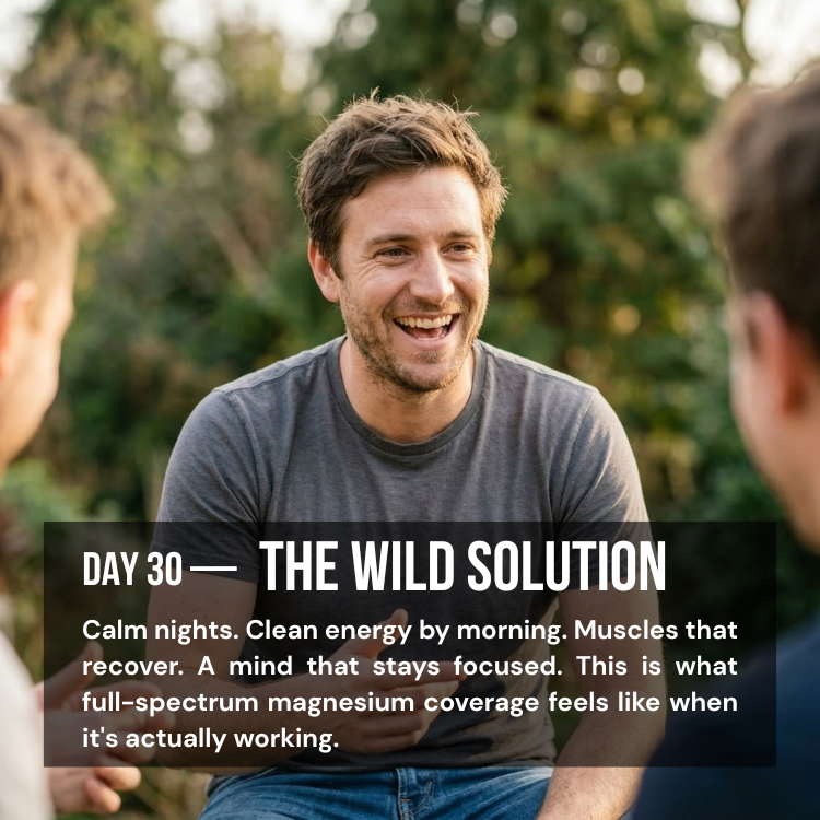A smiling man in a grey t-shirt sits outside talking with two other people.