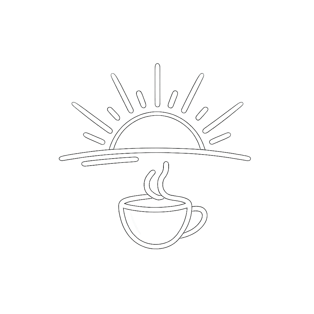 Neon outline of a sun rising above a steaming cup of coffee.