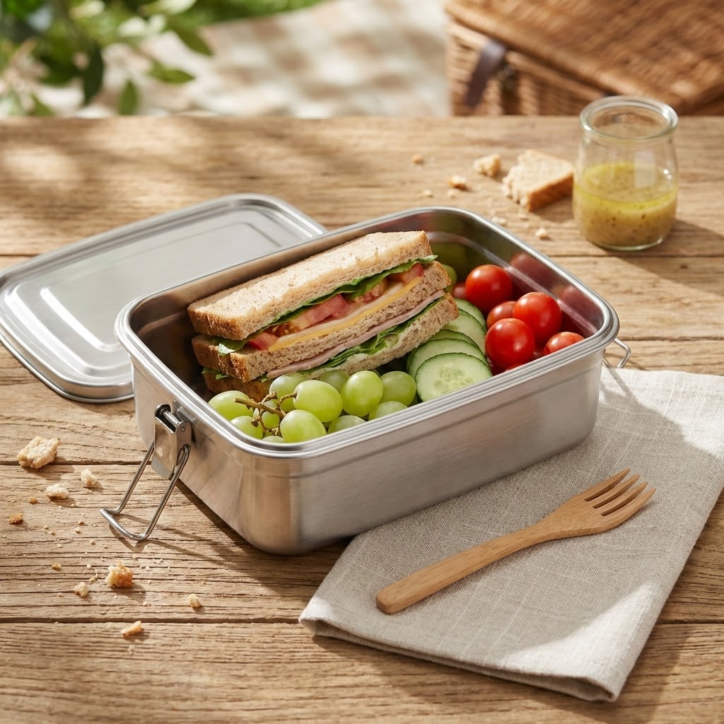 A stainless steel lunch box on a wooden table, filled with a sandwich, grapes, cucumbers, and tomatoes.