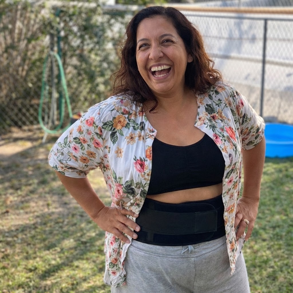 A woman in a floral shirt and back brace stands laughing in a backyard with her hands on her hips.