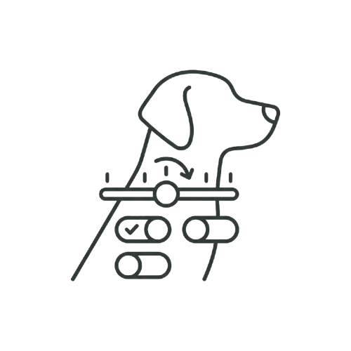 A line art icon of a dog with various user interface controls over its neck and collar area.