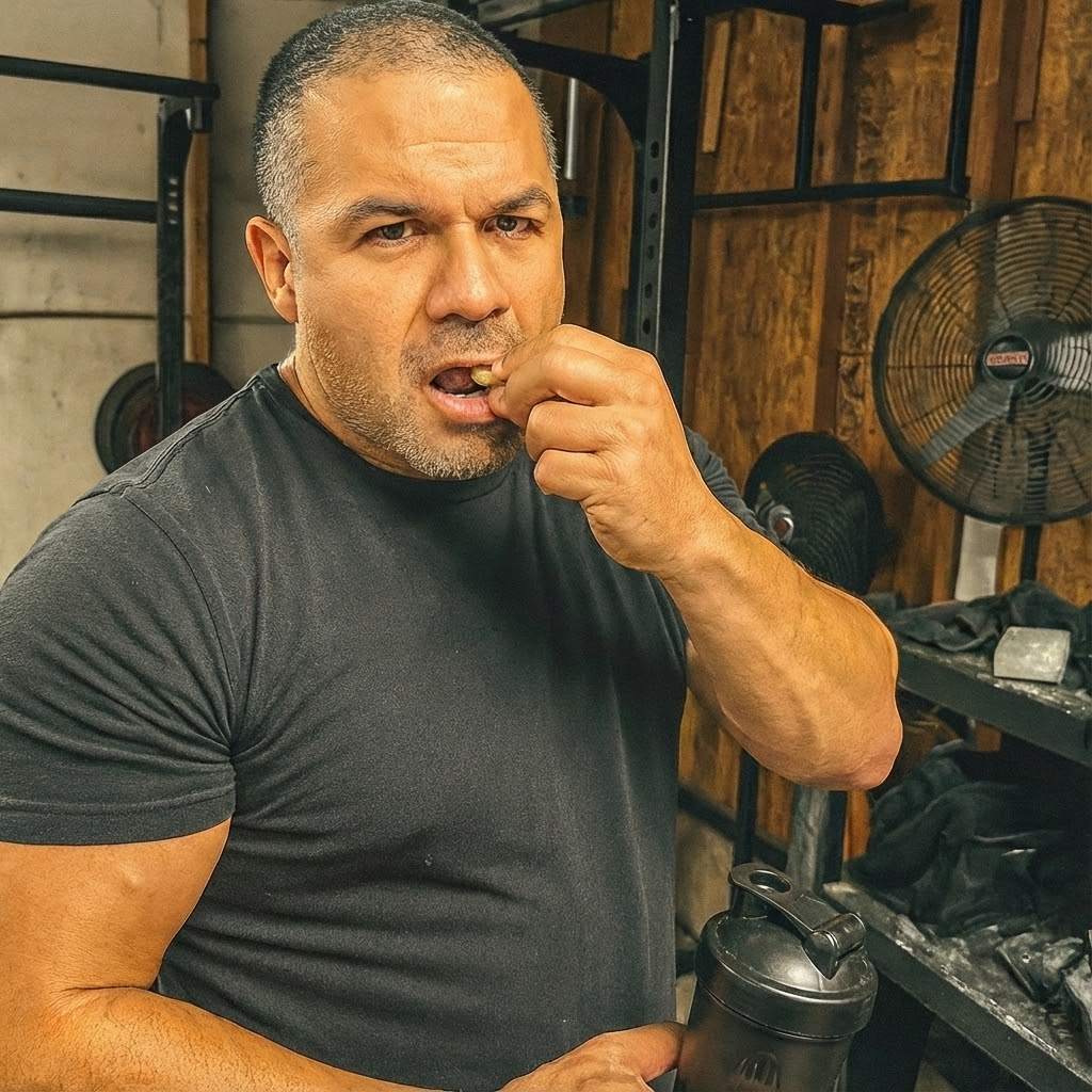 Man eating in a gym, holding a shaker bottle.