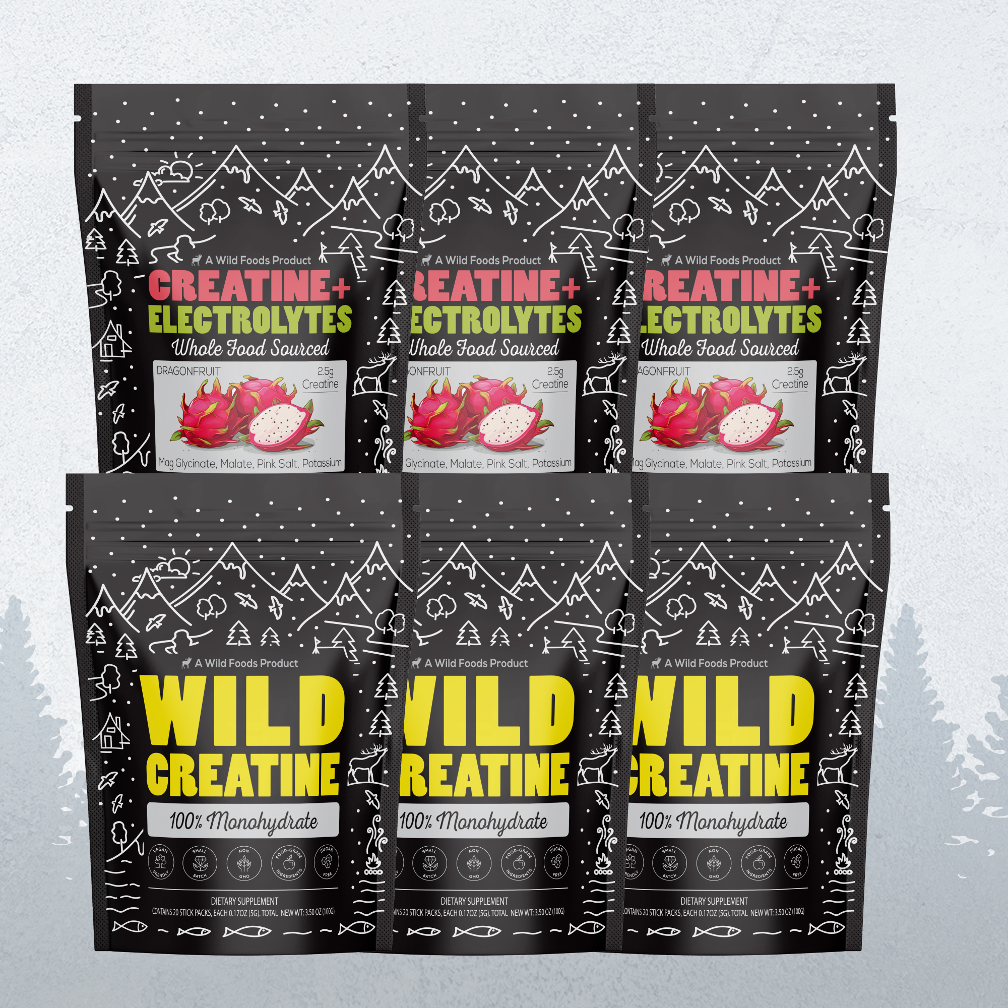 Six bags of creatine and electrolyte products with mountain-themed packaging.