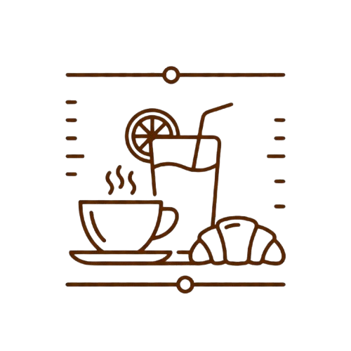 Line drawing of coffee cup, juice, and croissant.