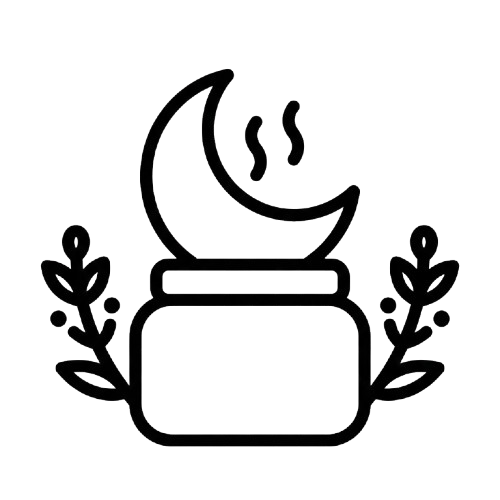 Line art of a crescent moon in a jar with leaves on sides.