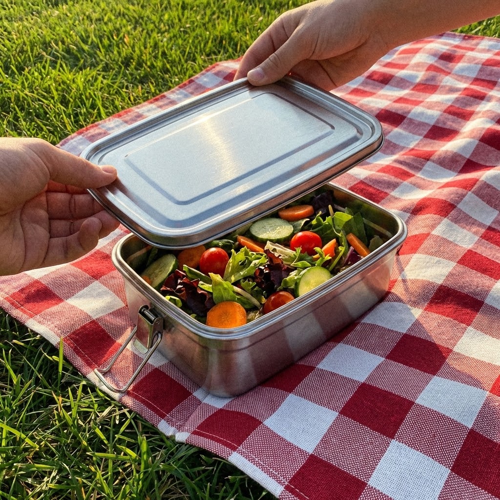 Two hands open a stainless steel container of salad on a red and white checkered picnic blanket.